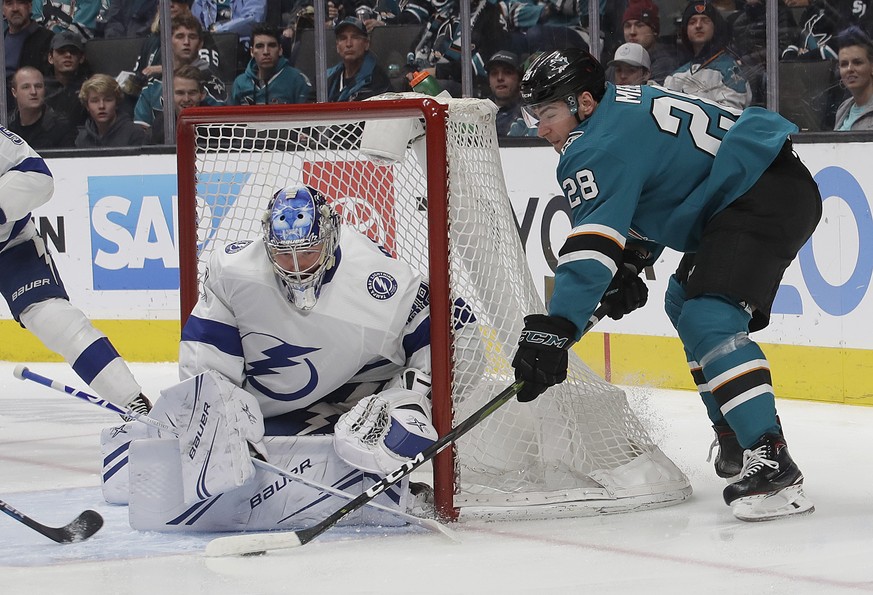 Tampa Bay Lightning goaltender Andrei Vasilevskiy, from Russia, left, defends a shot by San Jose Sharks right wing Timo Meier (28), from Switzerland, during the first period of an NHL hockey game in S ...
