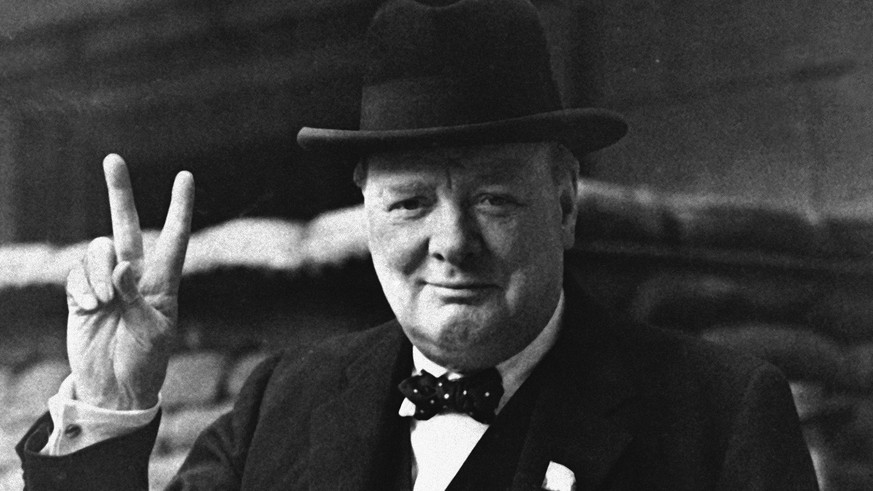 FILE - This is a Aug. 27, 1941 file photo of British Prime Minister Winston Churchill as he gives his famous &quot; V for Victory Salute&quot; . Churchill Britain&#039;s famous World War II prime mini ...