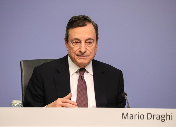 epa07419776 Mario Draghi, President of the European Central Bank (ECB), speaks during a press conference following the meeting of the Governing Council of the European Central Bank in Frankfurt Main,  ...