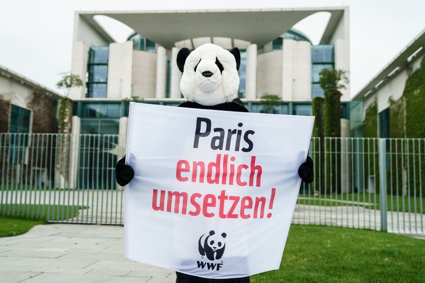 epa09193952 A climate activist of Fridays for Future in a panda costume holds a banner reading ?implement Paris finally? in front of the Chancellery during a protest in Berlin, Germany, 12 May 2021. T ...