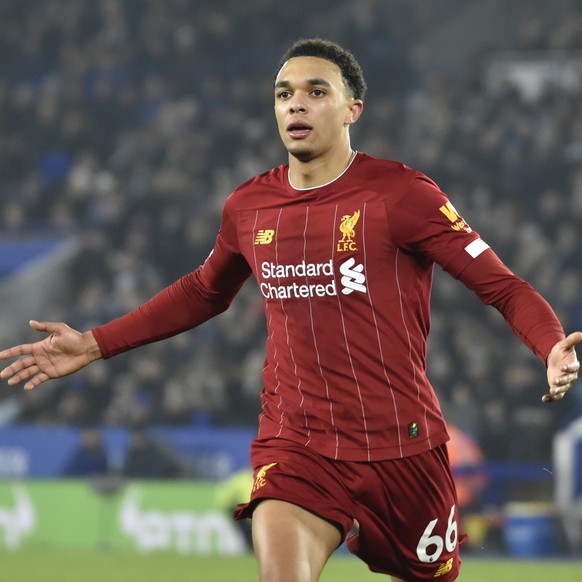 Liverpool&#039;s Trent Alexander-Arnold celebrates after scoring his side&#039;s fourth goal during the English Premier League soccer match between Leicester City and Liverpool at the King Power Stadi ...