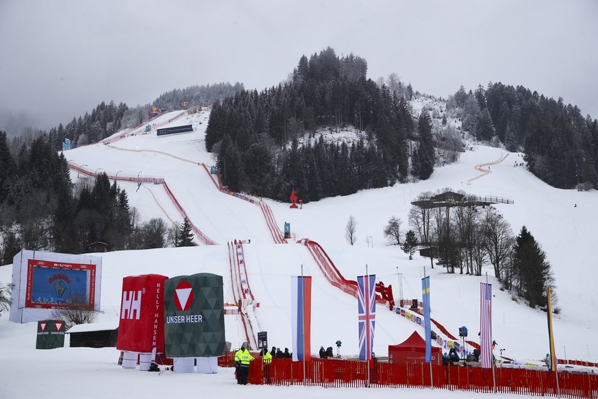 A view of the course after an alpine ski, men&#039;s World Cup downhill was canceled due to bad weather, in Kitzbuehel, Austria, Saturday, Jan. 23, 2021. (AP Photo/Marco Trovati)