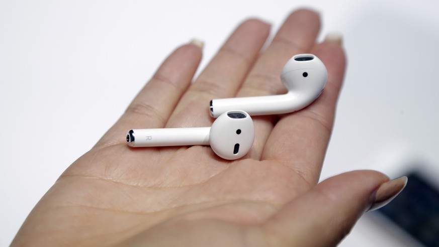 The new Apple AirPods are shown during an event to announce new Apple products on Wednesday, Sept. 7, 2016, in San Francisco. (AP Photo/Marcio Jose Sanchez)