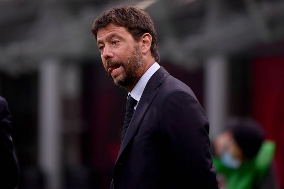 Juventus president Andrea Agnelli reacts prior to the Serie A football match between AC Milan and Juventus FC at stadio San Siro in Milan Italy , July 7th, 2020. Play resumes behind closed doors follo ...
