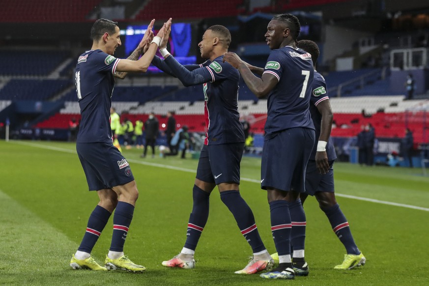 PSG celebrate after scoring their team second goal during the French Cup soccer match between PSG and Lille at the Parc des Princes stadium in Paris, France, Wednesday, March 17, 2021. (AP Photo/Thiba ...