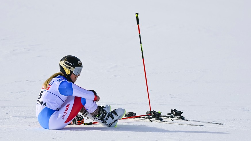 Lara Gut-Behrami of Switzerland reacts in the finish area during the second run of the women&#039;s Giant Slalom race at the 2021 FIS Alpine Skiing World Championships in Cortina d&#039;Ampezzo, Italy ...