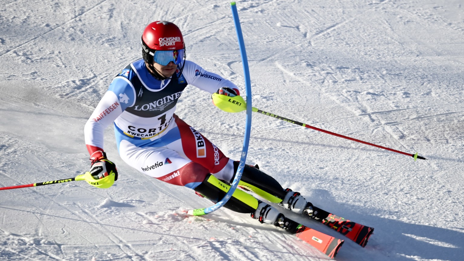 epa09014561 Loic Meillard of Switzerland cuts a gate in the Slalon race of the Men&#039;s Combined event at the Alpine Skiing World Championships in Cortina d&#039;Ampezzo, Italy, 15 February 2021. EP ...