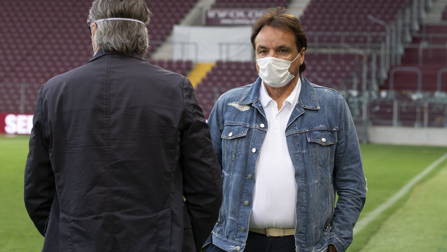 Christian Constantin, President of FC Sion, wearing face mask as precaution against the spread of the coronavirus COVID-19 waits, prior the Super League soccer match of Swiss Championship between Serv ...