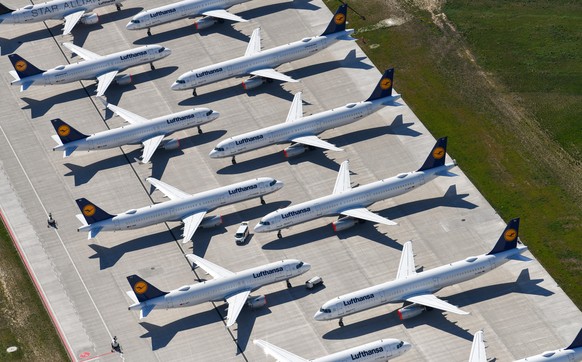 epa08447981 (FILE) - An aerial view shows air planes of Lufthansa sitting on the tarmac at the Berlin Brandenburg International Airport BER in Schoenefeld, Germany, 23 April 2020 (reissued 27 May 2020 ...