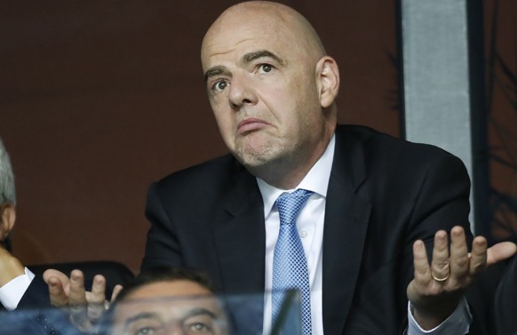FILE - In this Aug. 15, 2018 file photo FIFA President Gianni Infantino gestures prior the UEFA Super Cup final soccer match between Real Madrid and Atletico Madrid at the Lillekula Stadium in Tallinn ...