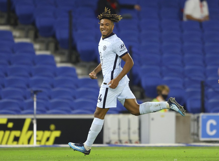 Chelsea&#039;s Reece James reacts after scoring his team&#039;s second goal during the English Premier League soccer match between Brighton and Chelsea at Falmer Stadium in Brighton, England, Monday,  ...