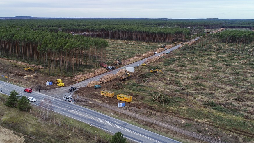 General view of the already partly cleared forest area on the future site oft he planned Tesla factory near Gruenheide, Germany, Monday, Feb. 17, 2020. The Higher Administrative Court for Berlin-Brand ...
