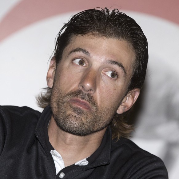 Fabian Cancellara meets the media during the presentation of the Milano Sanremo cycling race, scheduled to be run on Saturday, March 19, in Milan, Italy, Friday, March 18, 2016. (Claudio Peri/ANSA via ...