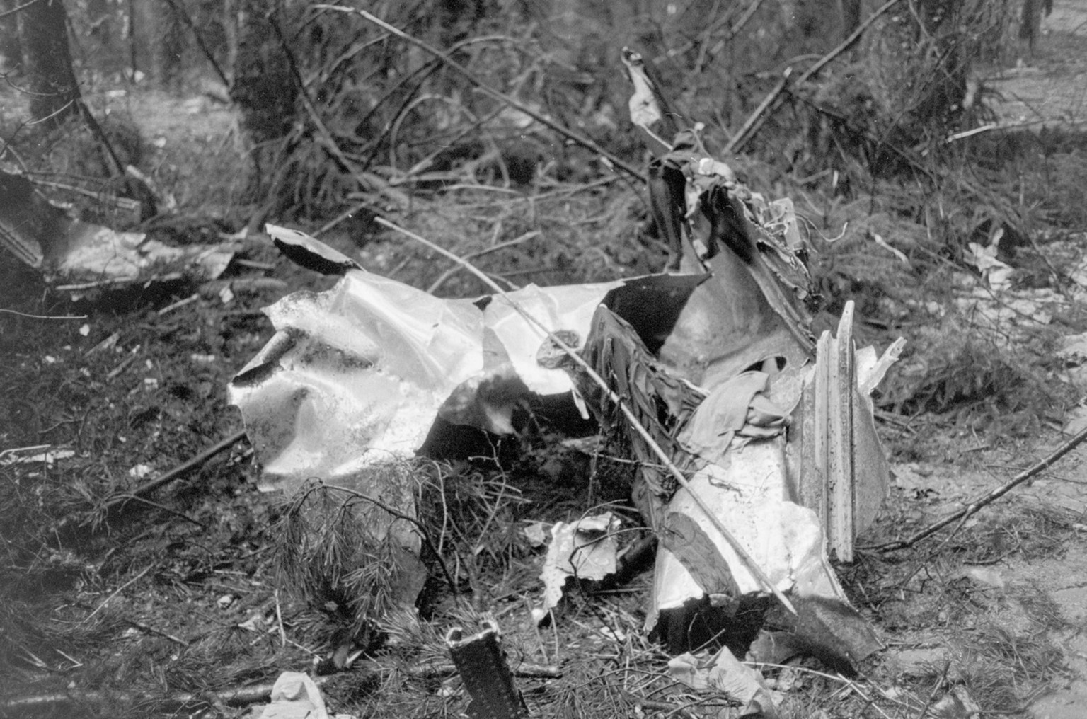 Debris from the Swissair plane, Coronado CV-990, is scattered in the forest near Wuerenlingen in the canton of Aargau. On 21 February 1970, shortly after take-off, a bomb set by Palestinian terrorists ...