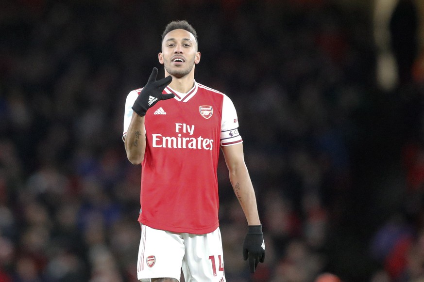 Arsenal&#039;s Pierre-Emerick Aubameyang celebrates after scoring his side&#039;s first goal during the English Premier League soccer match between Arsenal and Newcastle at the Emirates Stadium in Lon ...