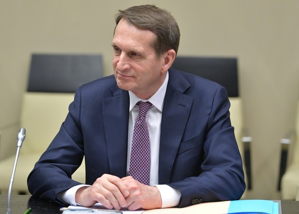 FILE - In this file photo taken on Friday, Feb. 21, 2020, Sergei Naryshkin, head of the Russian Foreign Intelligence Service attends a meeting with Russian President Vladimir Putin at the Novo-Ogaryov ...