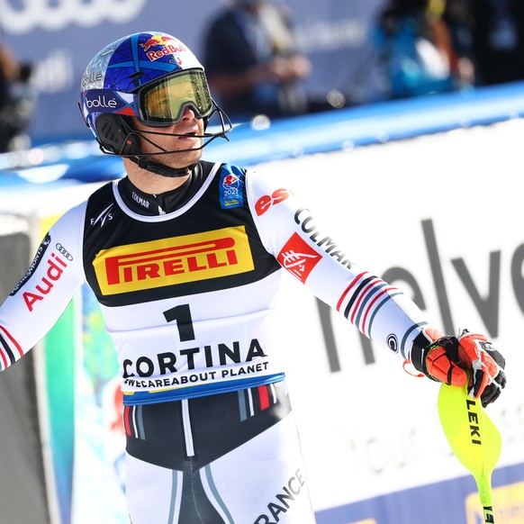 epa09027636 Alexis Pinturault of France reacts in the finish area during the second run of the Men&#039;s Slalom race at the FIS Alpine Skiing World Championships in Cortina d&#039;Ampezzo, Italy, 21  ...