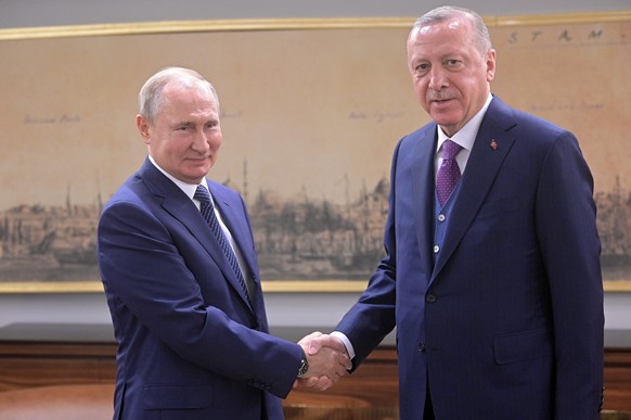 epa08112214 Russian President Vladimir Putin (L) shakes hands with Turkish President Recep Tayyip Erdogan during their meeting in Istanbul, Turkey, 08 January 2020. EPA/SERGEY GUNEEV / SPUTNIK / KREML ...
