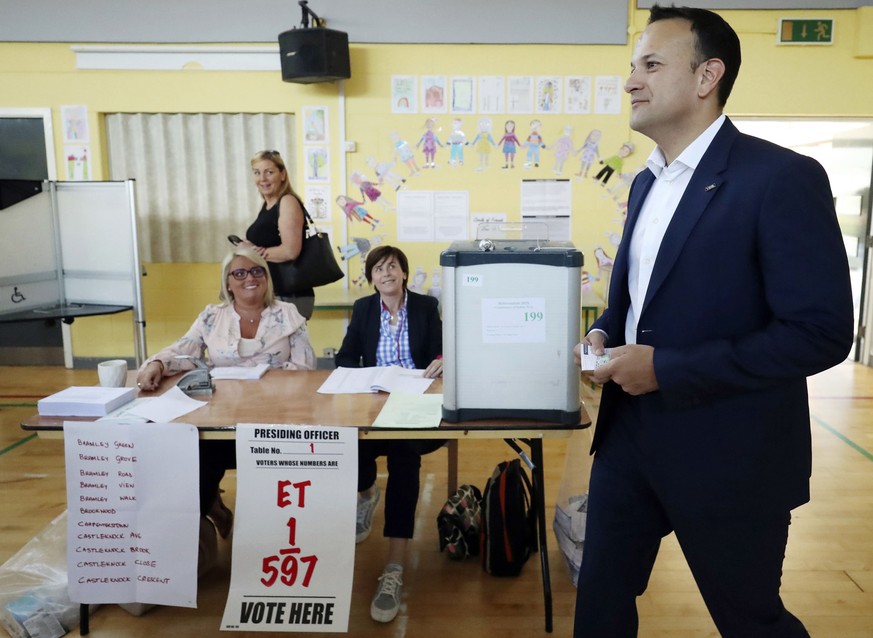 Ireland&#039;s Prime Minister Leo Varadkar arrives to cast his vote at a polling station as the country goes to the polls to vote in the referendum on the 8th Amendment of the Irish Constitution, in D ...