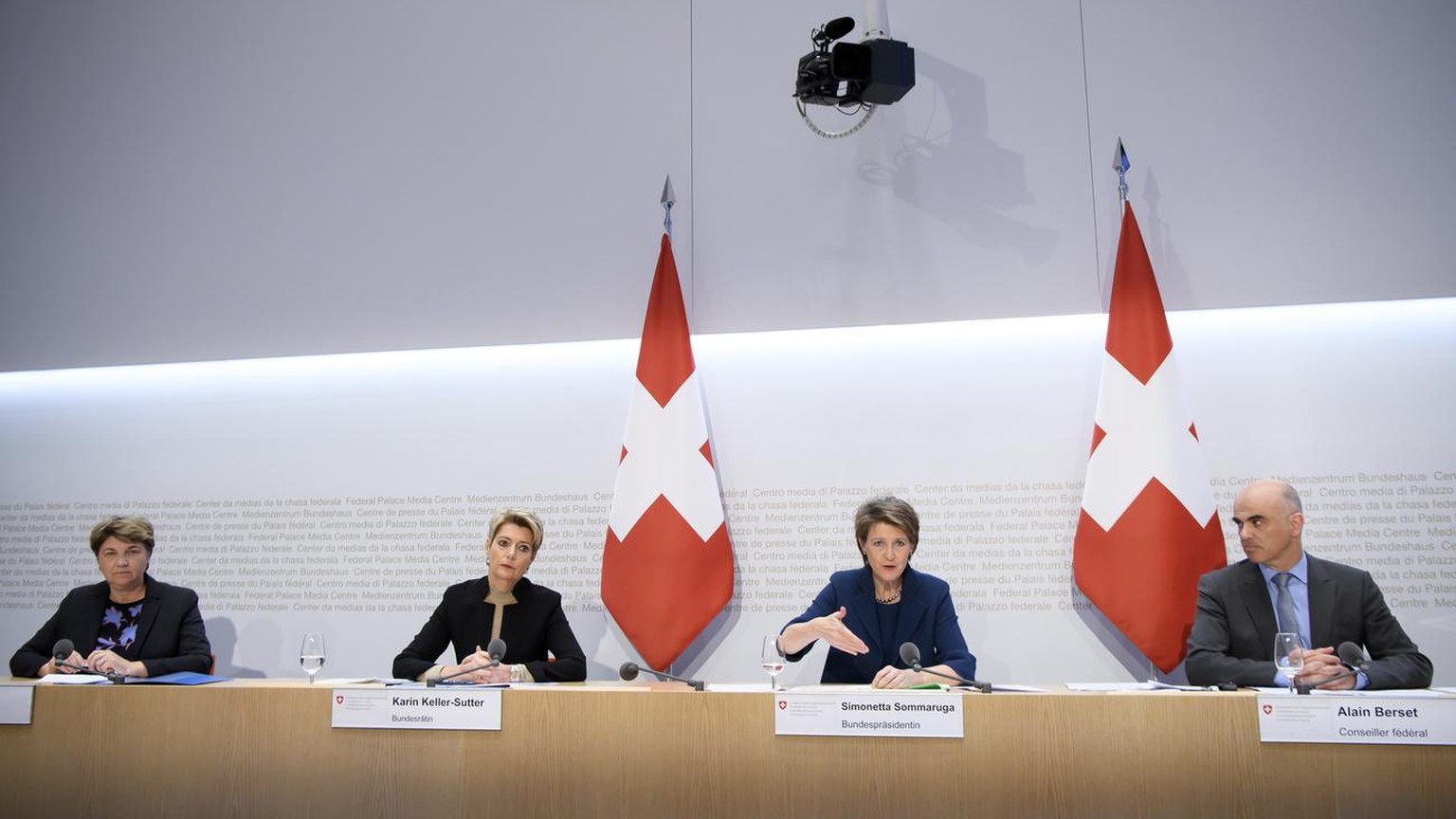 Swiss Federal president Simonetta Sommaruga, second-right, briefs the media about the latest measures to fight the Covid-19 Coronavirus pandemic next to Swiss Federal councillor Karin Keller-Sutter, S ...