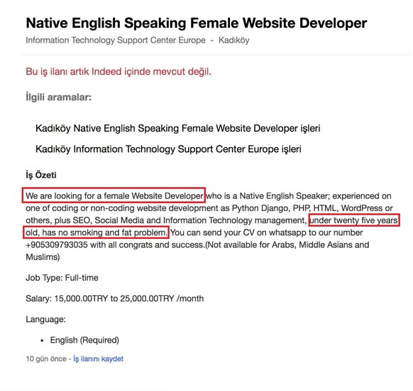 Markierte Stellen: «Wir suchen eine weibliche Website-Entwicklerin [...] die nicht älter als 25 und Nichtraucherin ist und kein Fettproblem hat.»