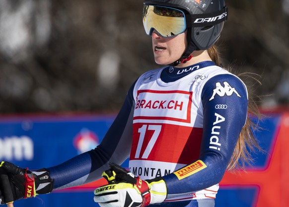 Italy&#039;s Sofia Goggia reacts in the finish during the women&#039;s Super-G race at the FIS Alpine Ski World Cup in Crans-Montana, Switzerland, Sunday, January 24, 2021. (KEYSTONE/Alessandro della  ...