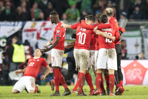 Switzerland&#039;s players celebrate their qualifying for the 2018 FIFA World Cup Russia after beating Northern Ireland, during the 2018 Fifa World Cup play-offs second leg soccer match Switzerland ag ...