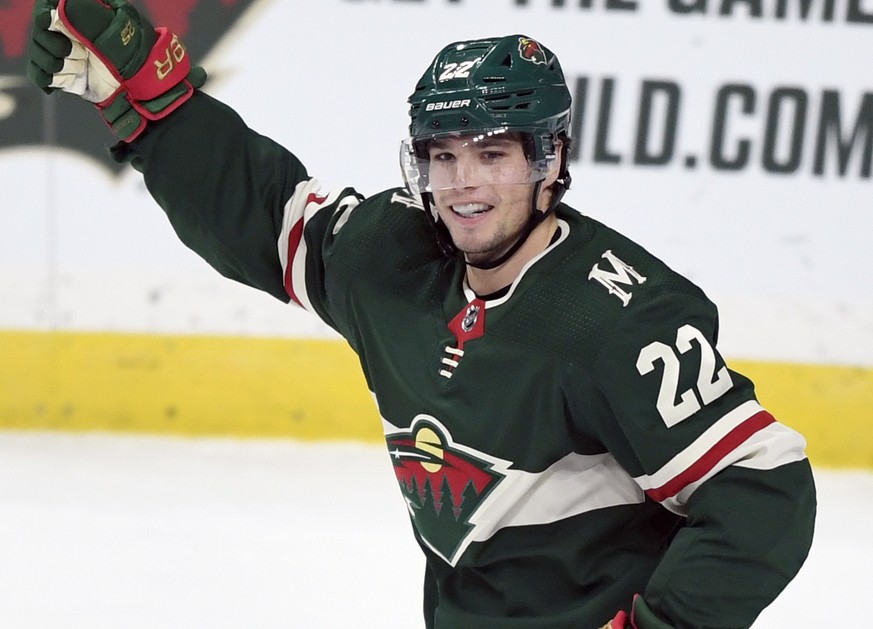 Minnesota Wild&#039;s Kevin Fiala (22) celebrates his goal against the Arizona Coyotes during the first period of an NHL hockey game Thursday, Nov. 14, 2019, in St. Paul, Minn. (AP Photo/Hannah Foslie ...