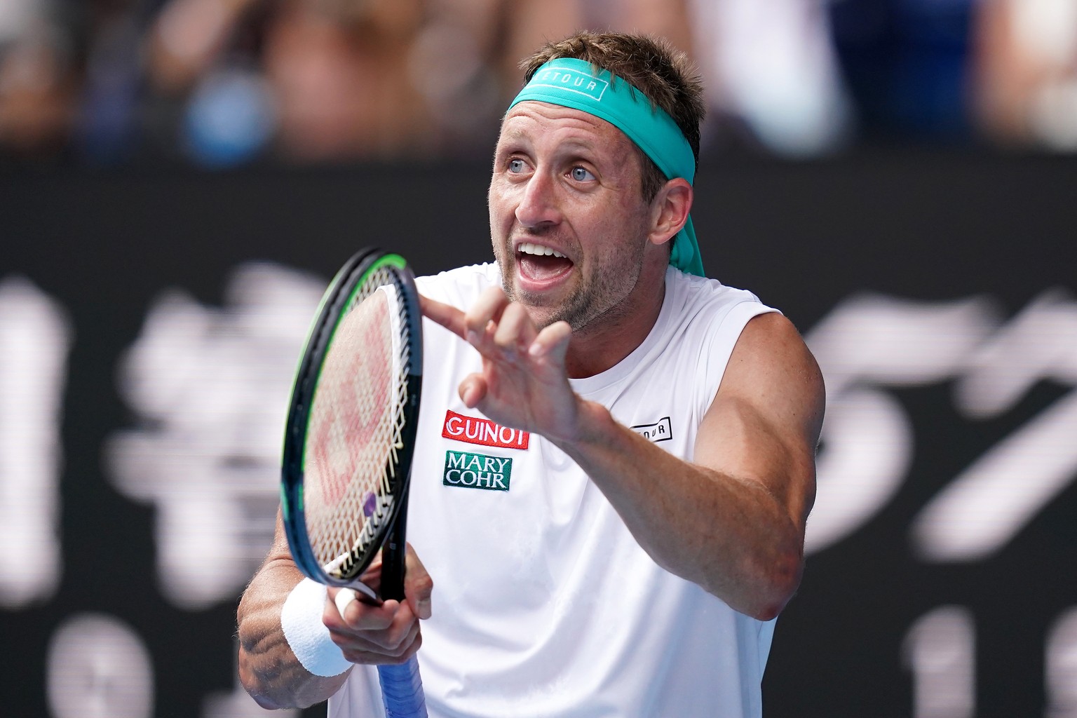 epa08171641 Tennys Sandgren of the USA reacts after losing a point during his fifth round match against Roger Federer of Switzerland at the Australian Open tennis tournament at Melbourne Park in Melbo ...