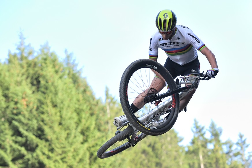 Nino Schurter of Switzerland in action during the Men&#039;s Elite Short Track at the UCI Cross Country Mountainbike World Cup, on Friday, August 9, 2019, in Lenzerheide, Switzerland. (KEYSTONE/Gian E ...