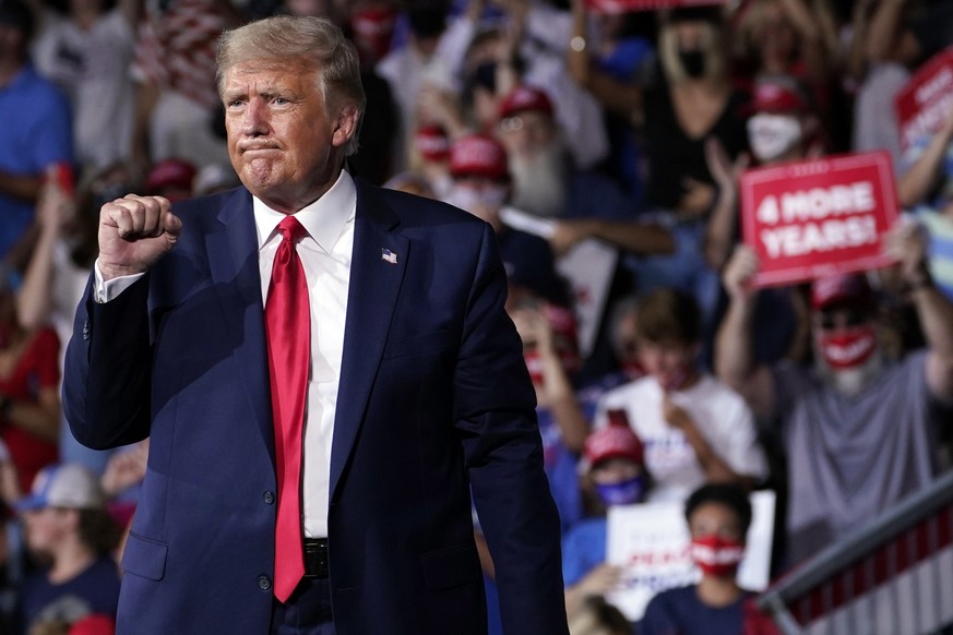 President Donald Trump gestures after speaking at a campaign rally at Smith Reynolds Airport, Tuesday, Sept. 8, 2020, in Winston-Salem, N.C. (AP Photo/Evan Vucci)
Donald Trump