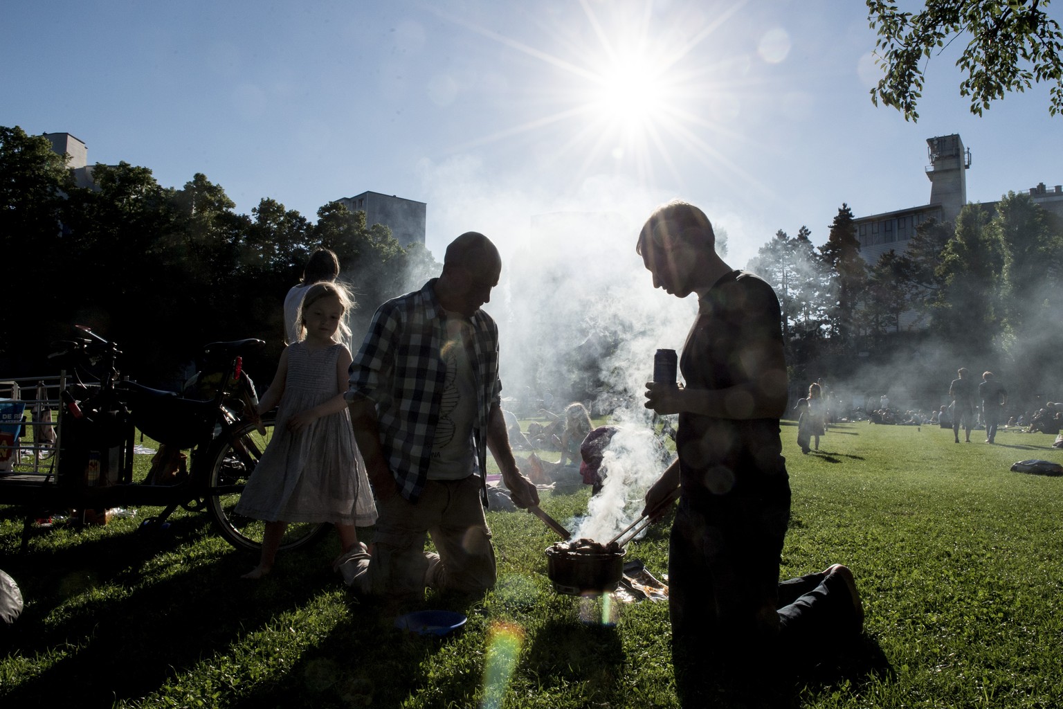 Menschen grillieren in der Abendsonne auf der Josefwiese in Zuerich, am Samstag, 24. Mai 2014. (KEYSTONE/Ennio Leanza)
