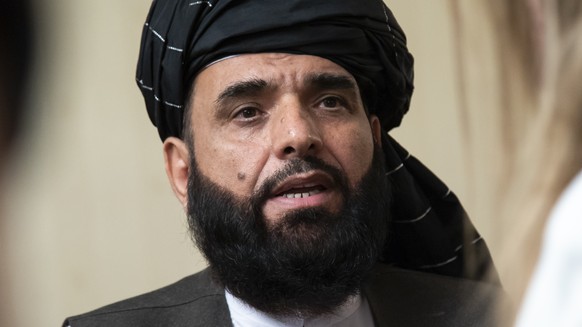 FILE - In this May 28, 2019 file photo, Suhail Shaheen, spokesman for the Taliban&#039;s political office in Doha, speaks to the media in Moscow, Russia. The countdown to the signing of a peace agreem ...