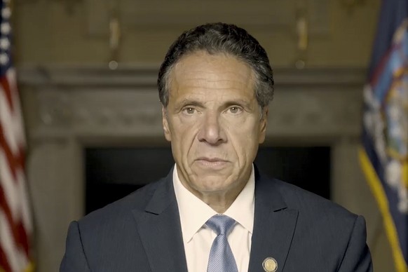 In this image taken video provided by Office of the NY Governor, New York Gov. Andrew Cuomo makes a statement on a pre-recorded video released, Tuesday, Aug. 3, 2021, in New York. An investigation int ...