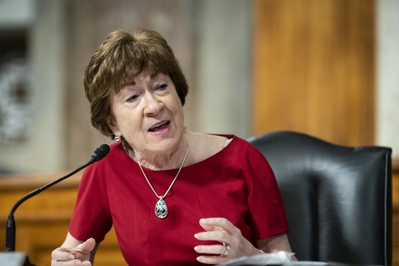 epa08518445 Senator Susan Collins, a Republican from Maine, speaks during the United States Senate&#039;s Health, Education, Labor and Pensions (HELP) Committee hearing on Capitol Hill in Washington,  ...
