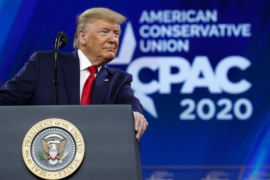 FILE - In this Feb. 29, 2020 file photo, President Donald Trump pauses while speaking at the Conservative Political Action Conference, CPAC 2020, at National Harbor, in Oxon Hill, Md. (AP Photo/Jacque ...