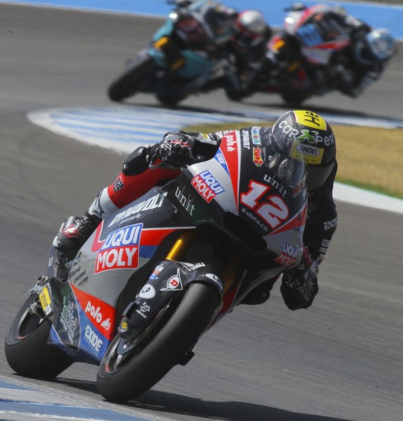 Moto2 rider Thomas Luthi of Switzerland rides during the Andalucia Motorcycle Grand Prix at the Angel Nieto racetrack in Jerez de la Frontera, Spain, Sunday July 26, 2020. (AP Photo/David Clares)