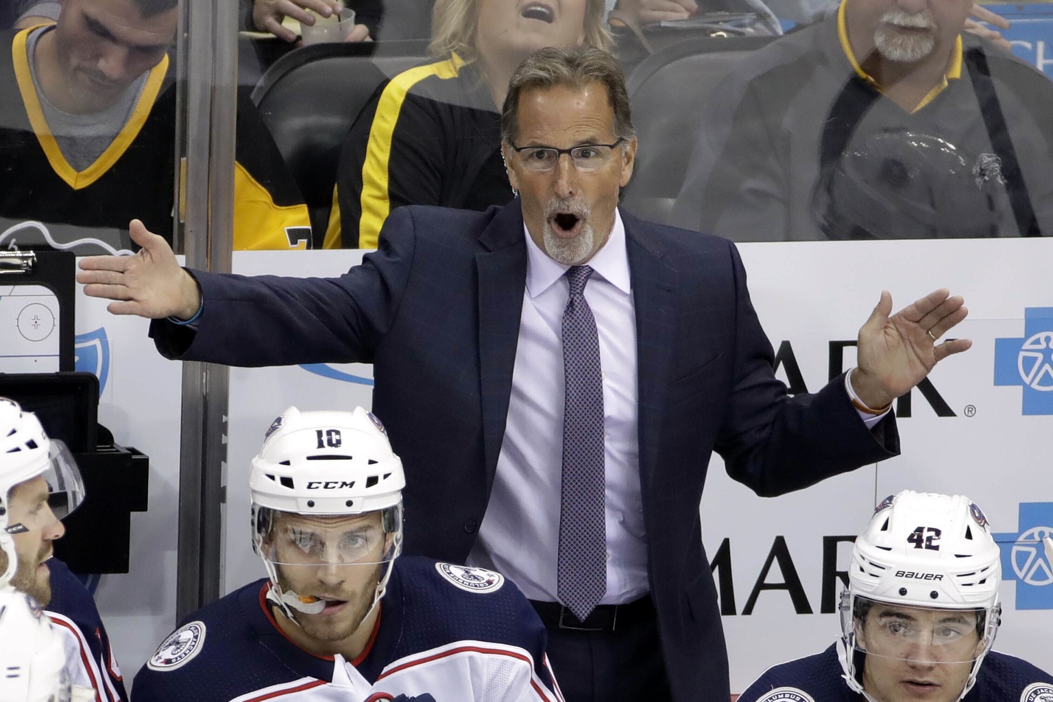 FILE - In this Oct. 5, 2019, file photo, Columbus Blue Jackets head coach John Tortorella objects to a call during the first period of an NHL hockey game against the Pittsburgh Penguins in Pittsburgh. ...