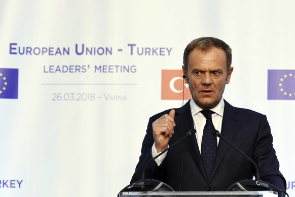 European Council President Donald Tusk gestures during joint news conference after an EU-Turkey summit meeting in Varna, Bulgaria, Monday, March 26, 2018. (Petko Momchilov/ImpactPressGroup via AP)