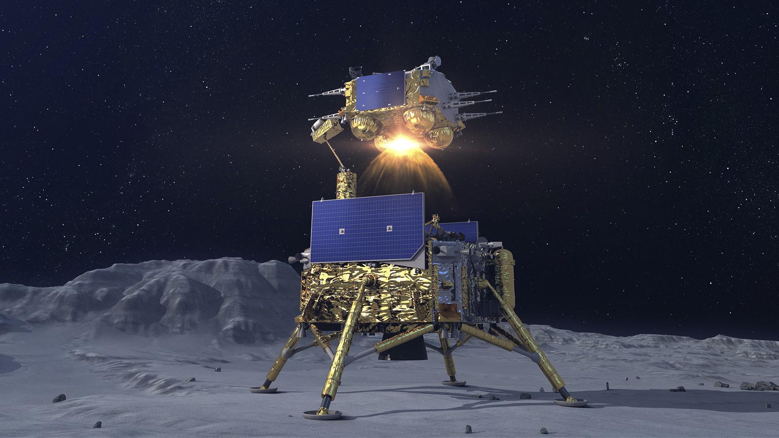 In this China National Space Administration (CNSA) photo released by Xinhua News Agency, a simulated image of the ascender of Chang&#039;e-5 spacecraft blasting off from the lunar surface at the Beiji ...
