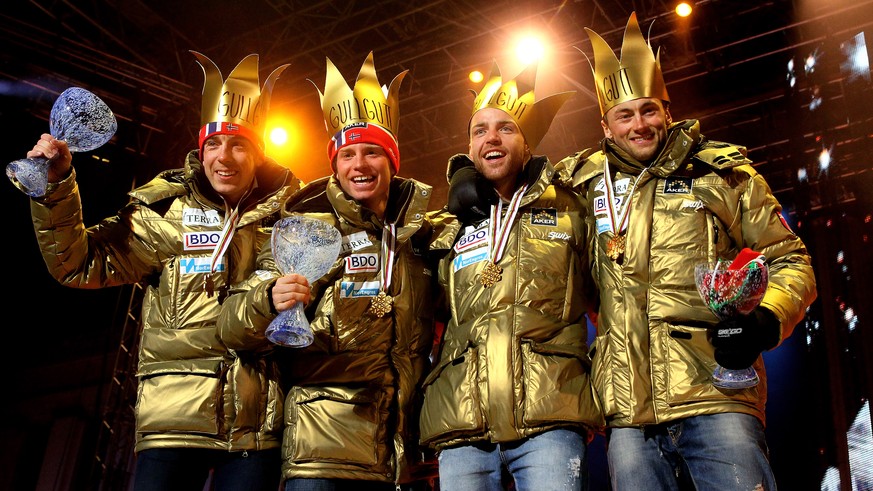 OSLO, NORWAY - MARCH 04: (L to R) Eldar Roenning, Martin Johnsrud Sundby, Tord Asle Gjerdalen and Petter Northug of Norway pose with the gold medals won in the Men&#039;s Cross Country 4x10km Relay ra ...
