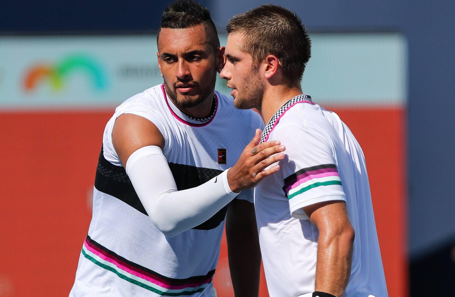 March 26, 2019: Nick Kyrgios, of Australia, (left) congratulates Borna Coric, of Croatia, (right) at the net at the end of a fourth round match of the 2019 Miami Open Presented by Itau professional te ...