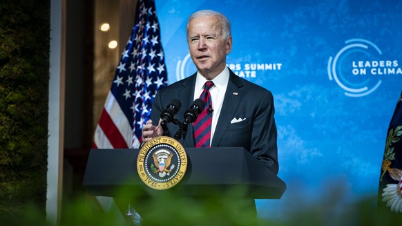 epa09152598 President Joe Biden speaks during a virtual international Leaders Summit on Climate, in the East Room of the White House, in Washington, DC, USA, 22 April 2021. Biden announced plans to re ...
