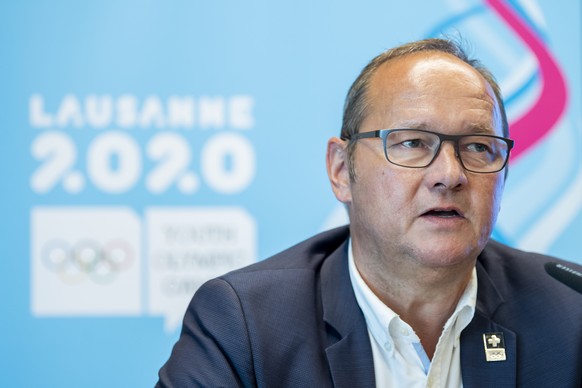Juerg Stahl, president de Swiss Olympic, parle lors d&#039;une conference de presse bilan du comite d&#039;organisation des Jeux Olympiques de la Jeunesse Lausanne 2020 le mercredi 1 juillet 2020 a la ...