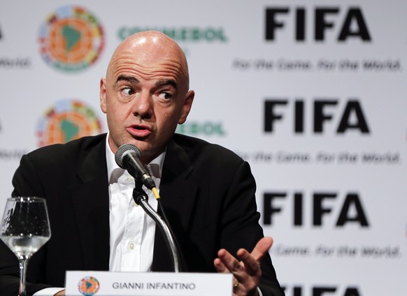 FIFA President Gianni Infantino, talks during a press conference at the Conmebol Convention Center, in Luque, Paraguay Monday, March 28, 2016. Infantino is in a two-day official visit to Paraguay. (AP ...