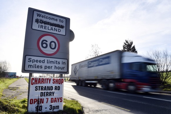 epa07418926 (26/66) A defaced sign designates the border between the Republic of Ireland and Northern Ireland on the A13 Road near Londonderry in Britain, 01 March 2019. Neither the UK nor the EU want ...