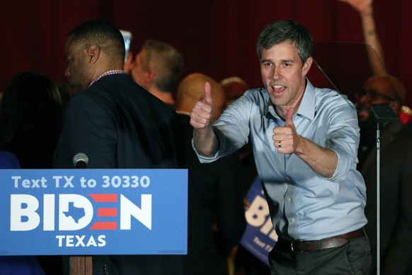 Former Texas Rep. Beto O&#039;Rourke gestures after endorsing Democratic presidential candidate former Vice President Joe Biden at a campaign rally Monday, March 2, 2020 in Dallas. (AP Photo/Richard W ...