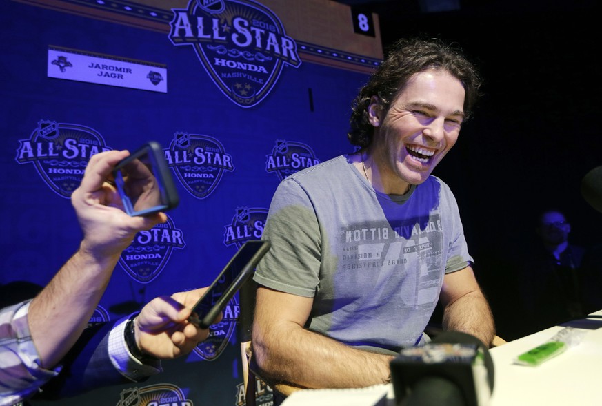 FILE - In this Jan. 29, 2016, file photo, Florida Panthers forward Jaromir Jagr, of the Czech Republic, laughs as he talks with reporters at the NHL hockey All-Star game media day, in Nashville, Tenn. ...