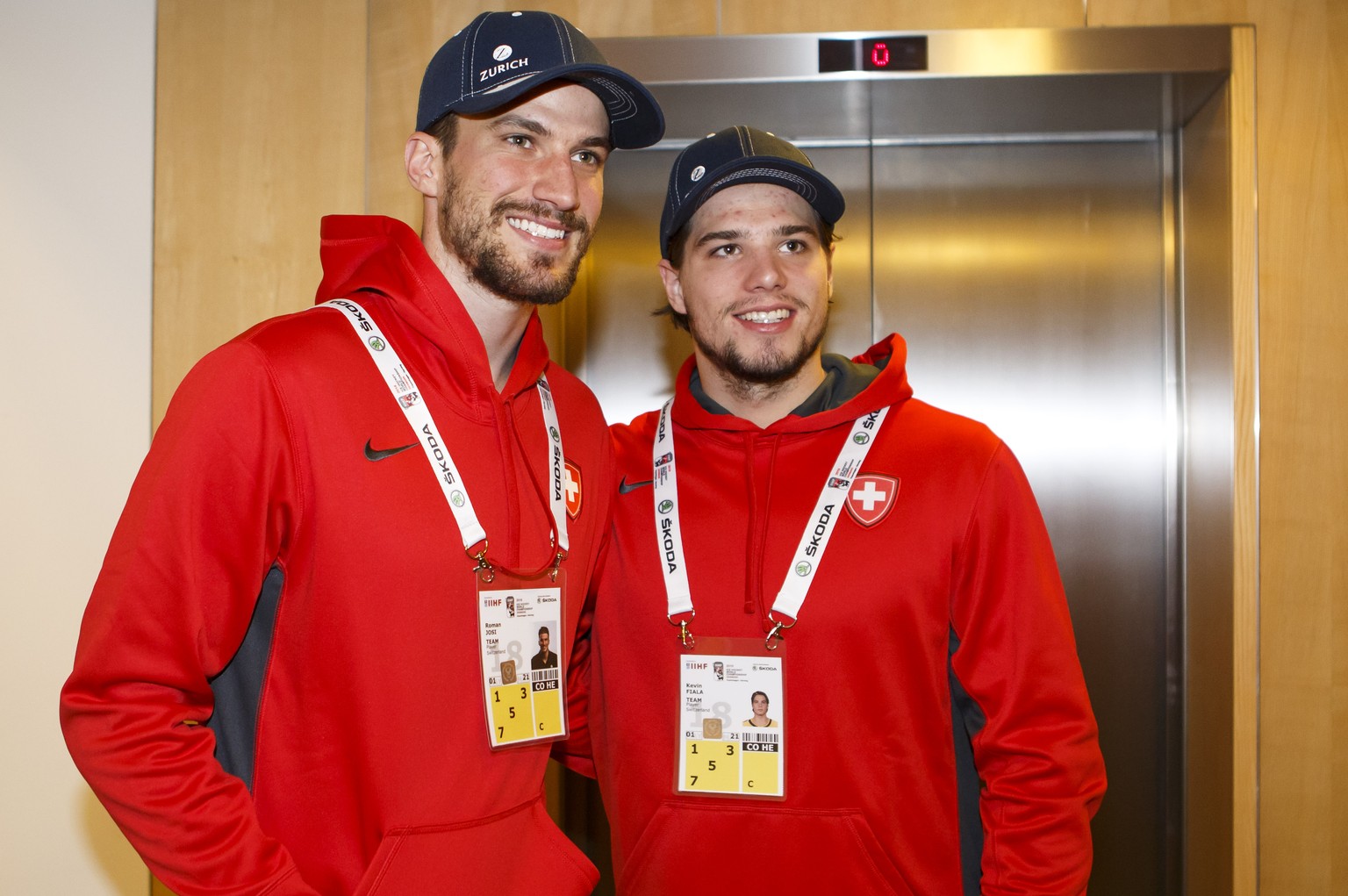 Switzerland&#039;s players defender Roman Josi, left, and forward Kevin Fiala, right, pose for the photographers after a briefing with the Swiss media, during the IIHF 2018 World Championship, in Cope ...