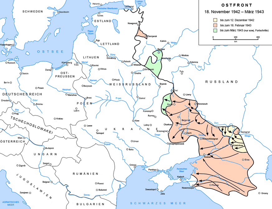 Karte Ostfront, Operation Uranus, Stalingrad
Geländegewinne der Roten Armee vom November 1942 bis März 1943. Gelbe Abschnitte zeigen die Erfolge der Operationen Uranus und Kolzo